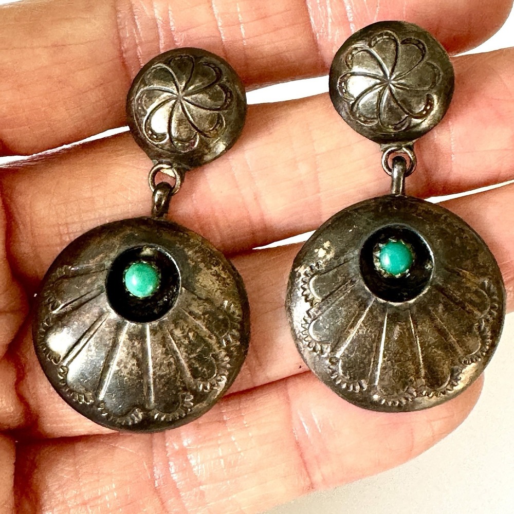 VTG Old Dark Patina Turquoise Navajo Earrings Shadowbox Sterling Stampwork